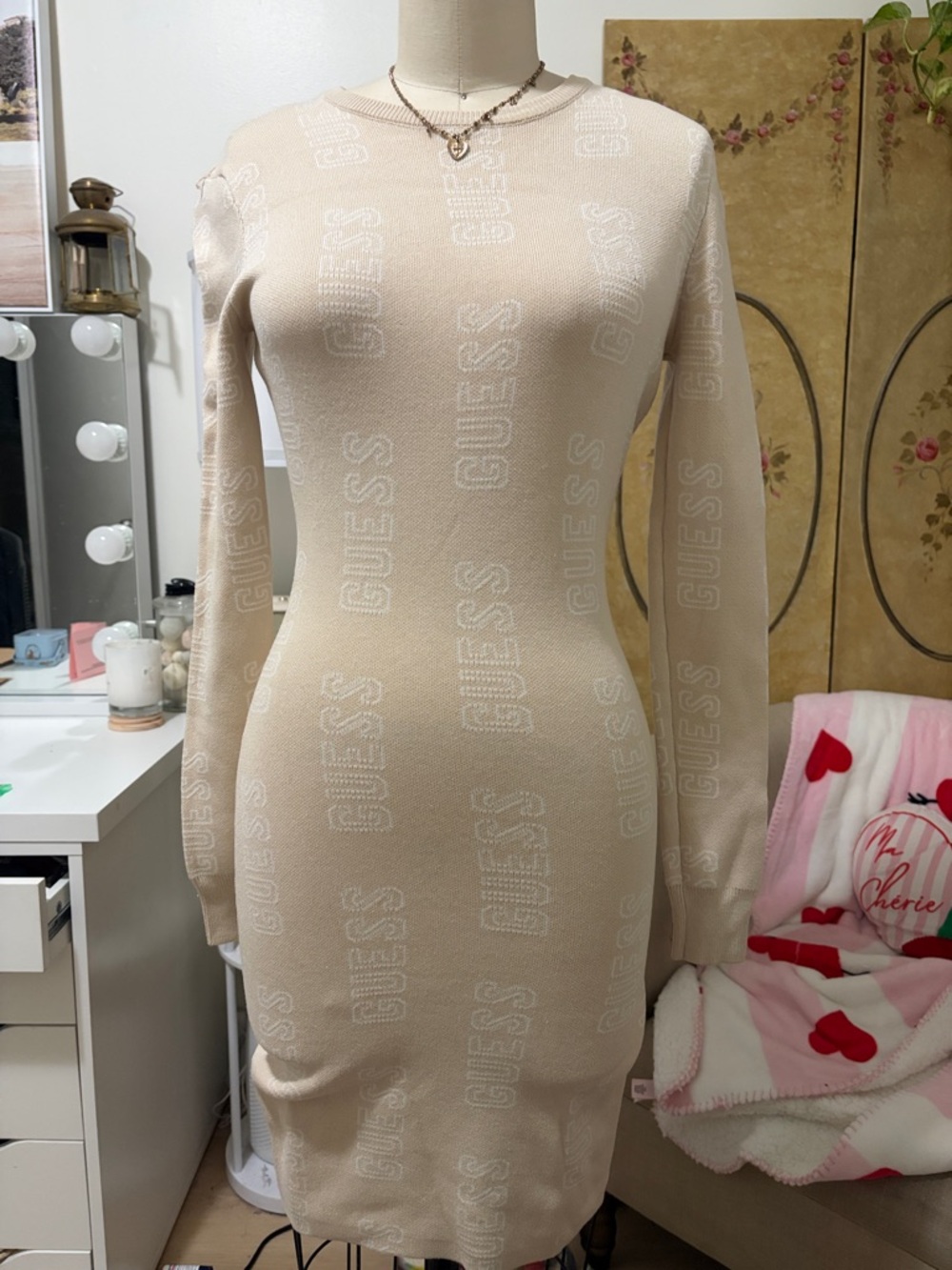 GUESS Beige Logo Jacquard Long-Sleeve Bodycon Dress